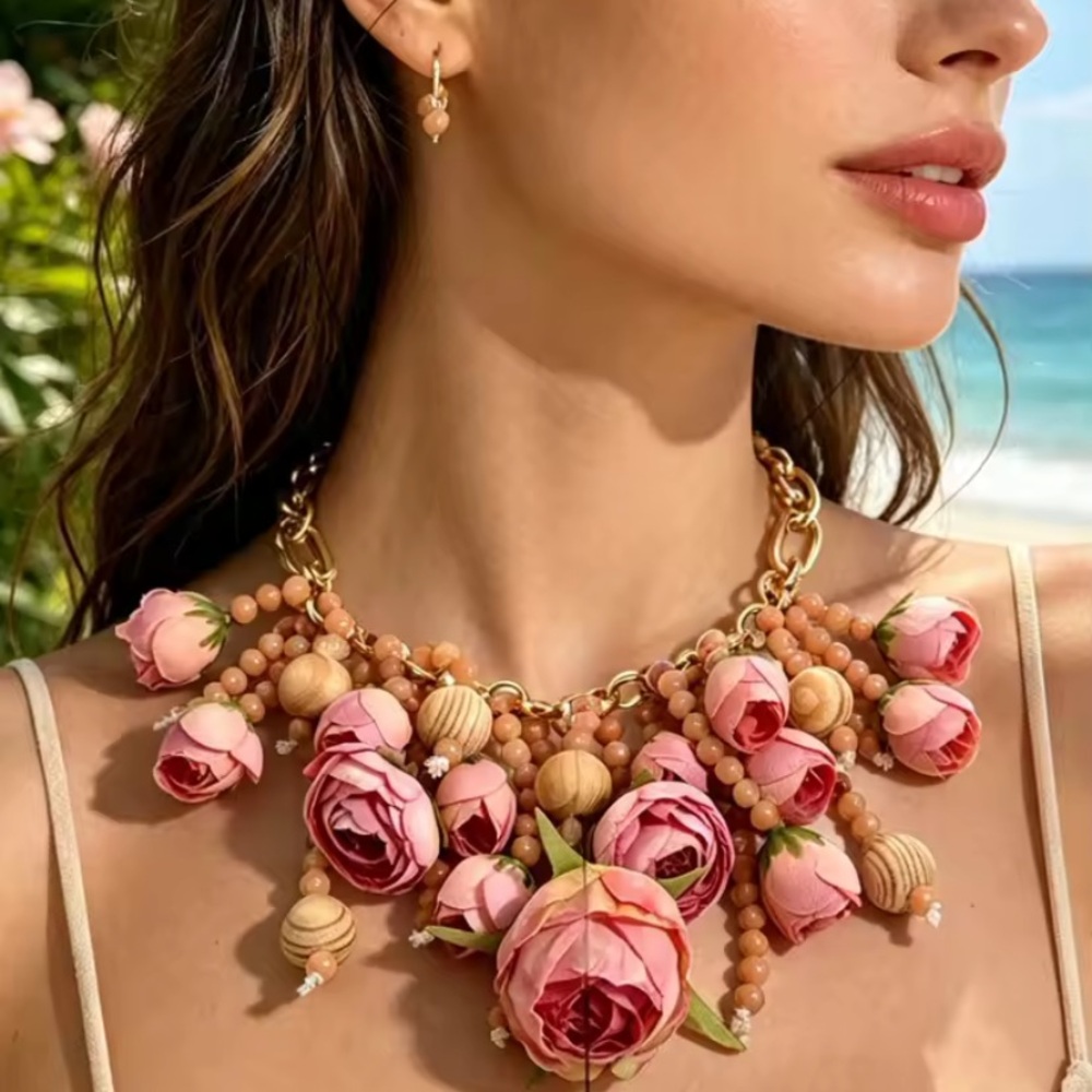 Handcrafted Artisan Gold Chain Pink Floral Statement Necklace 16-22” Adjustable